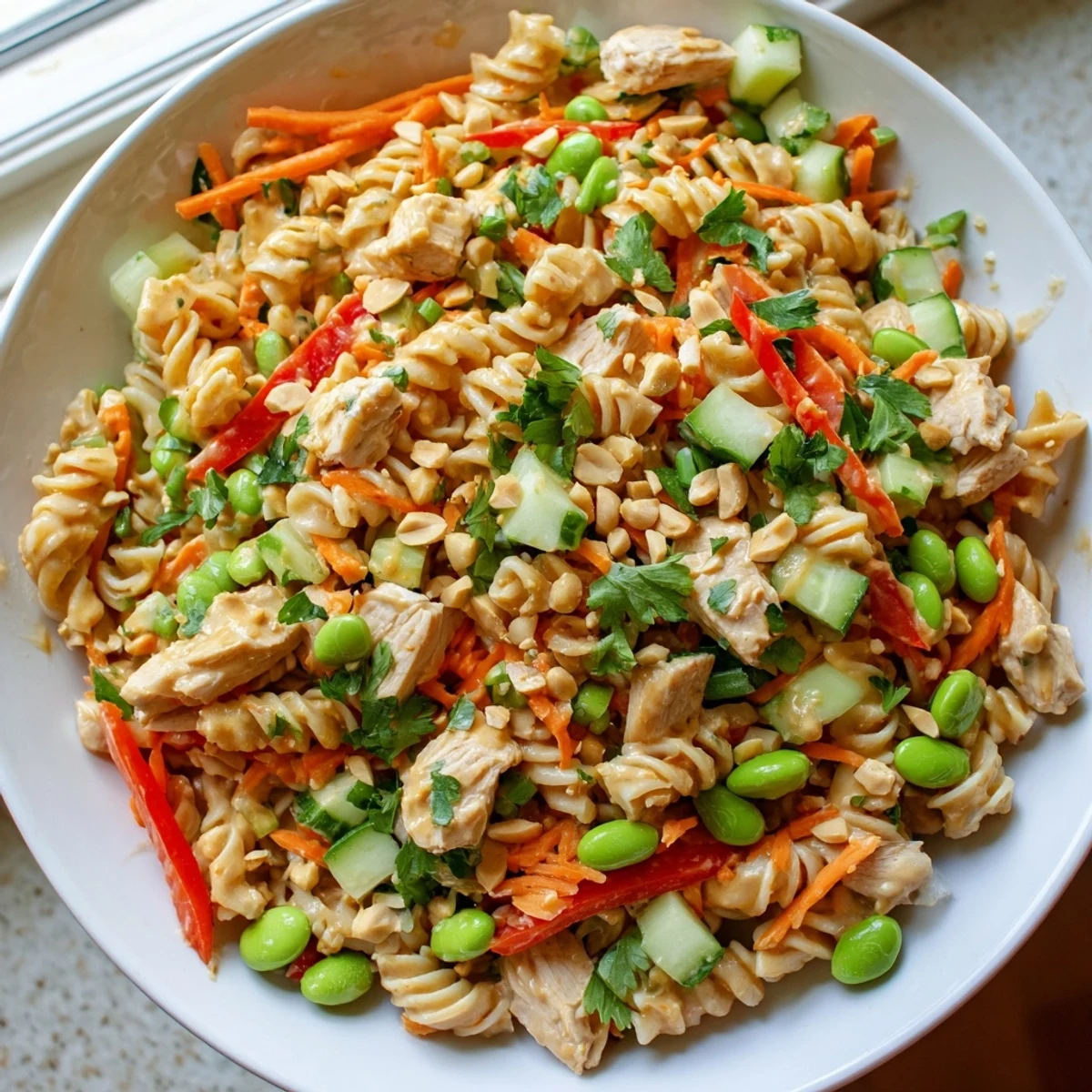 Bowl of protein packed Thai pasta salad featuring tender chicken edamame and fresh herbs