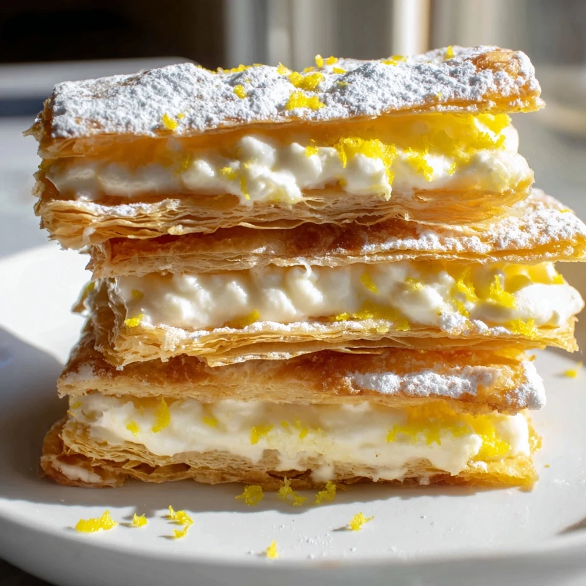 Crispy golden puff pastry layers filled with bright lemon ricotta cream and powdered sugar dusting