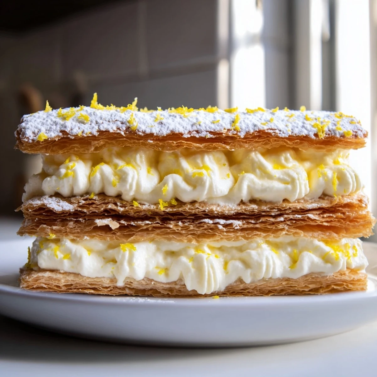 Flaky lemon ricotta puff pastry mille feuille topped with snowy powdered sugar and fresh zest
