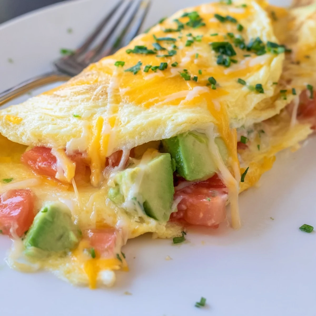 Golden creamy avocado cheesy tomato omelette folded on a white plate
