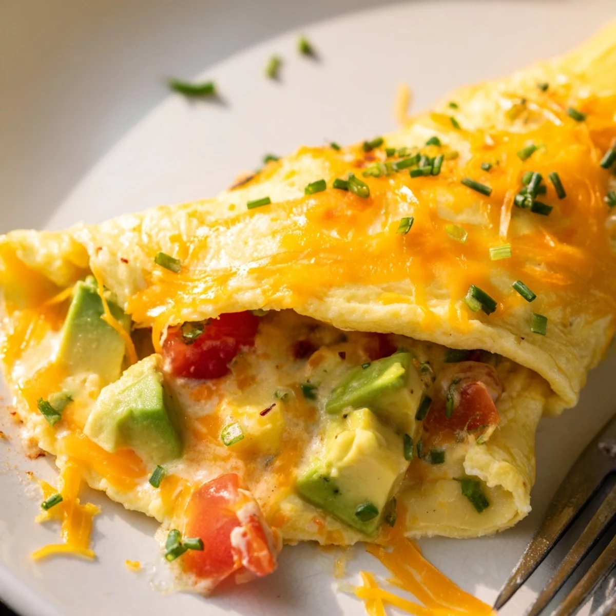 Steaming creamy avocado cheesy tomato omelette served with fresh green chives
