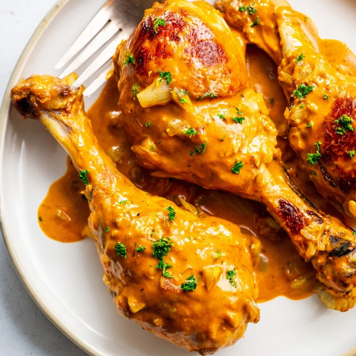 Golden creamy paprika chicken drumsticks coated in a rich, smoky sauce fresh from the oven.