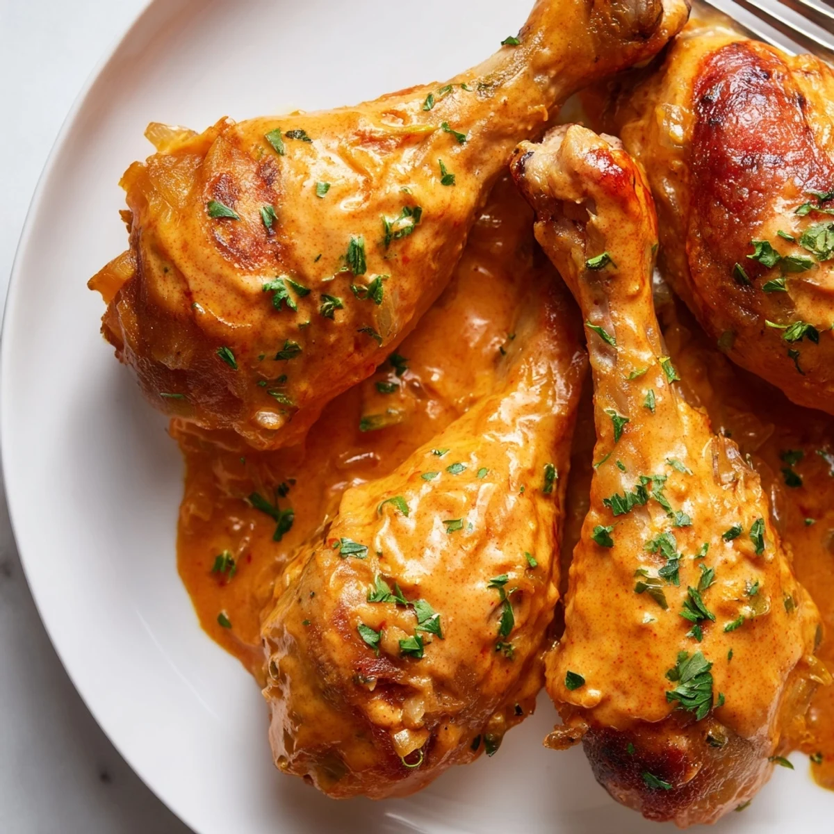 Juicy chicken drumsticks nestled in a velvety paprika cream sauce topped with fresh chopped parsley.