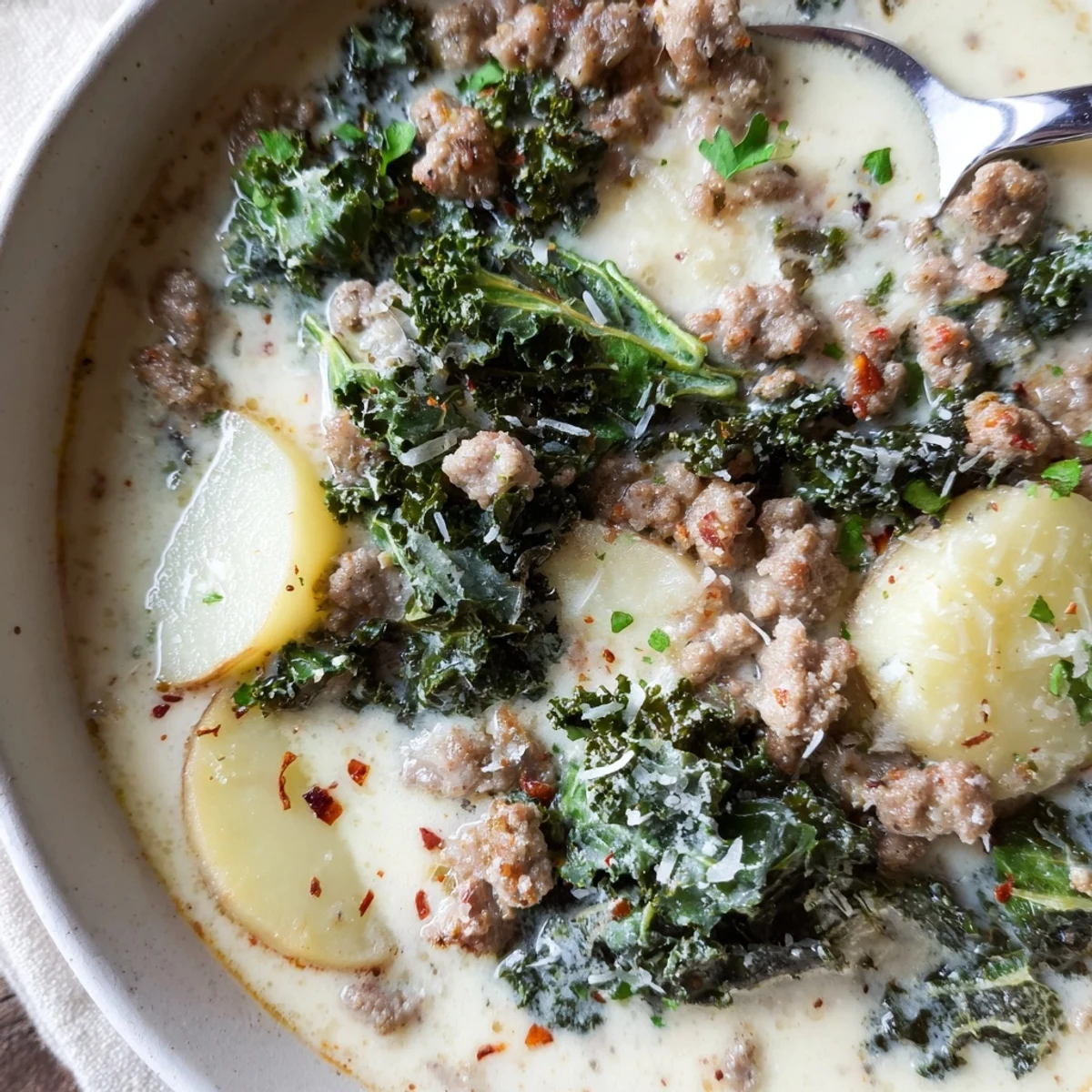Creamy Zuppa Toscana soup with sausage, potatoes, and kale in rustic white bowls