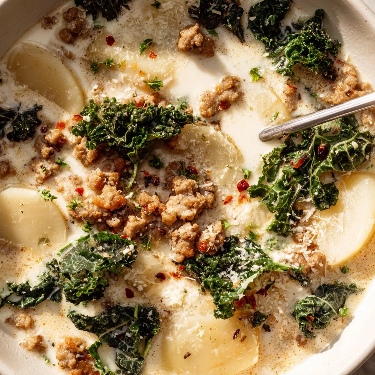 Steaming bowl of Zuppa Toscana soup topped with grated Parmesan and fresh parsley