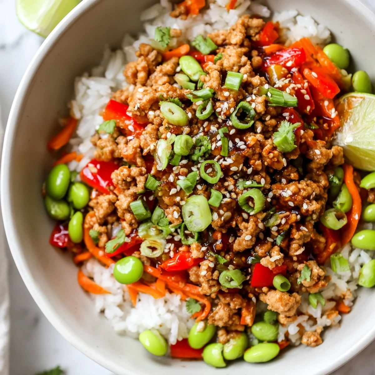 Hearty ground turkey rice bowls topped with sesame seeds and fresh cilantro