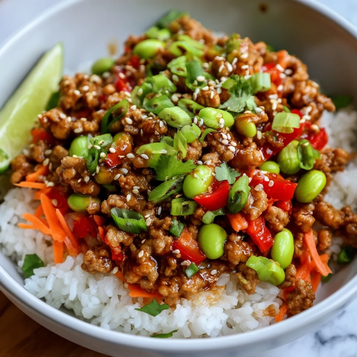 Colorful ground turkey rice bowls with diced bell peppers and fluffy white rice