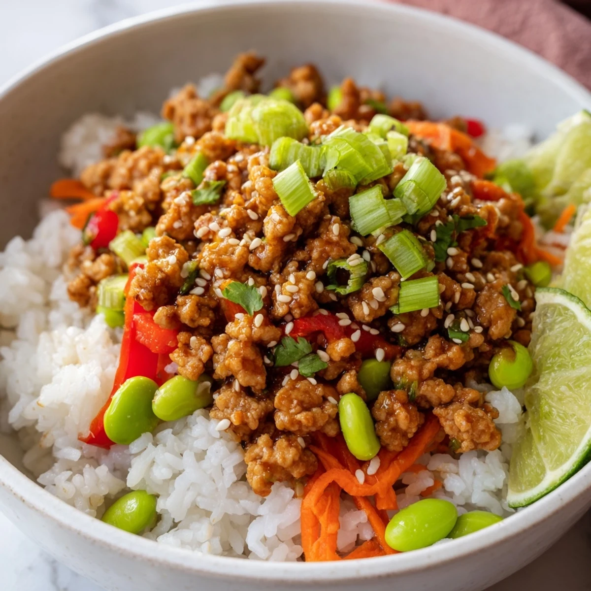Steaming ground turkey rice bowls drizzled with savory sauce and scattered green onions