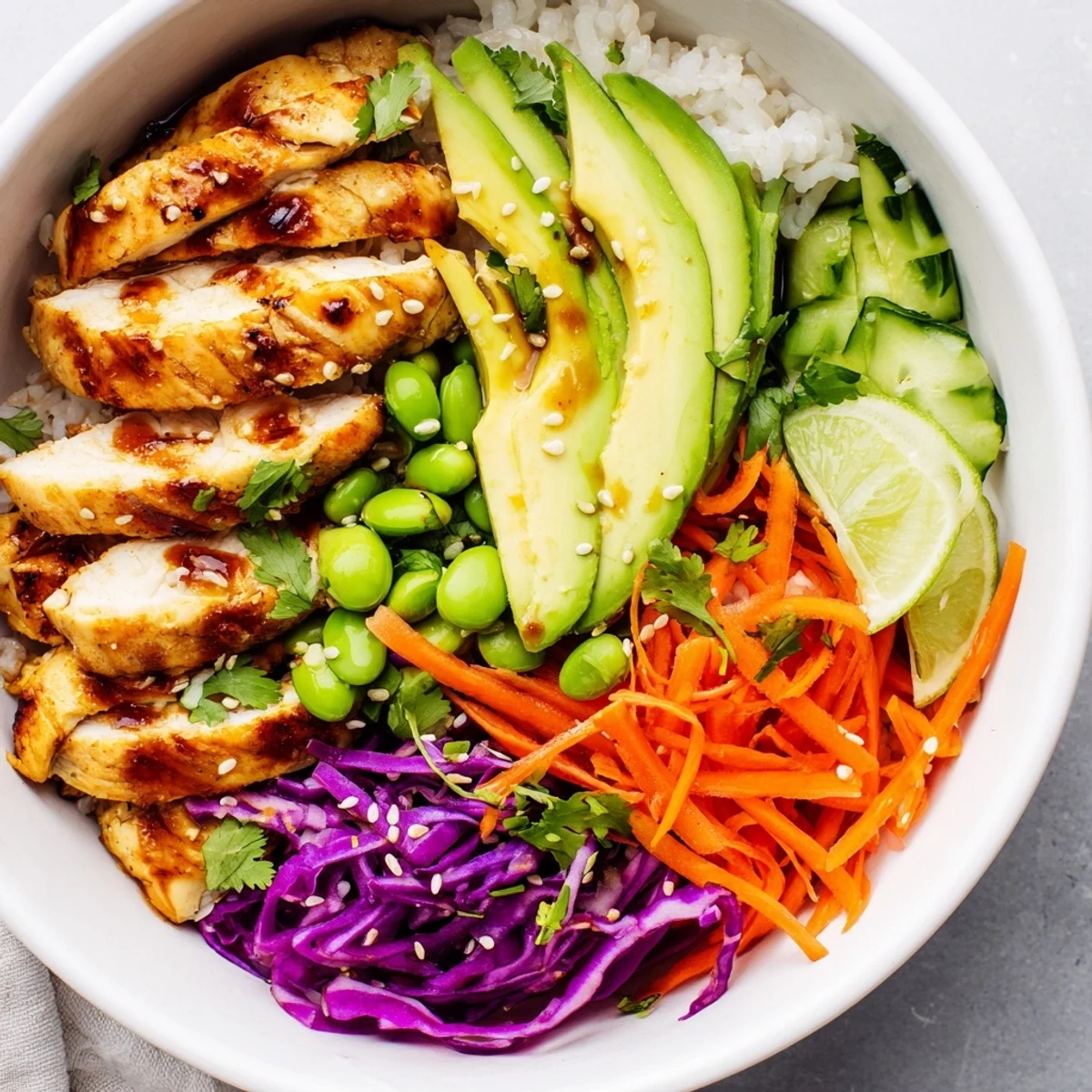 Colorful Asian Inspired Chicken Power Bowl with crisp vegetables and sesame ginger dressing drizzled on top