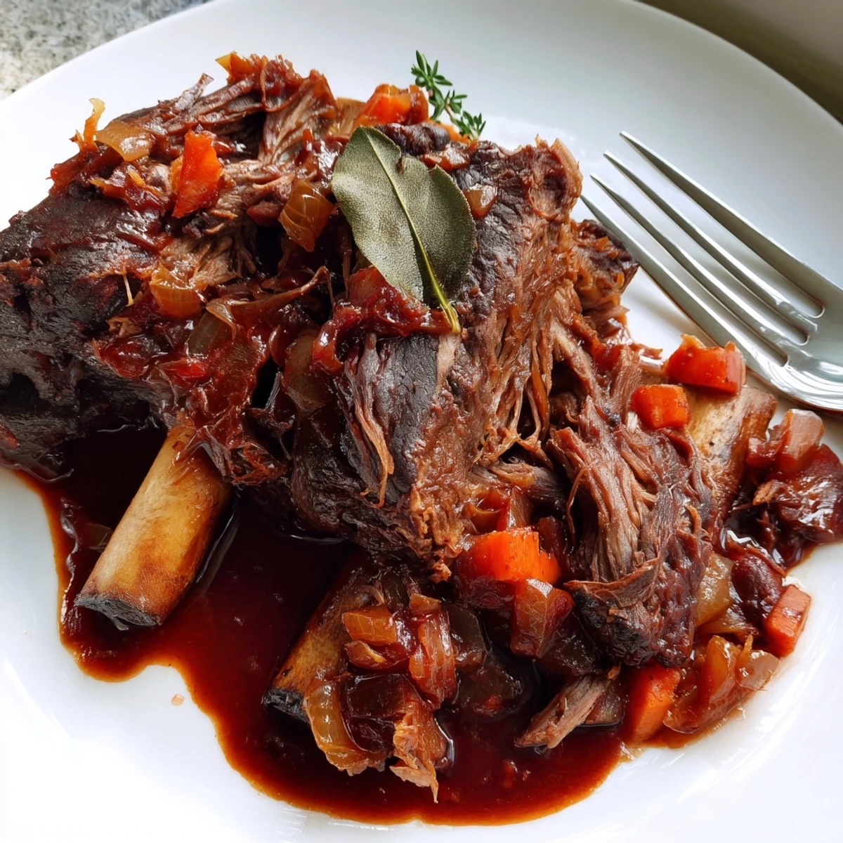 Tender oven braised beef short ribs falling off the bone in rich red wine sauce