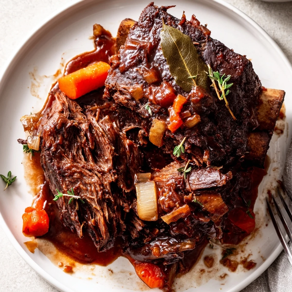 Oven braised beef short ribs nestled in a deep aromatic vegetable and herb gravy