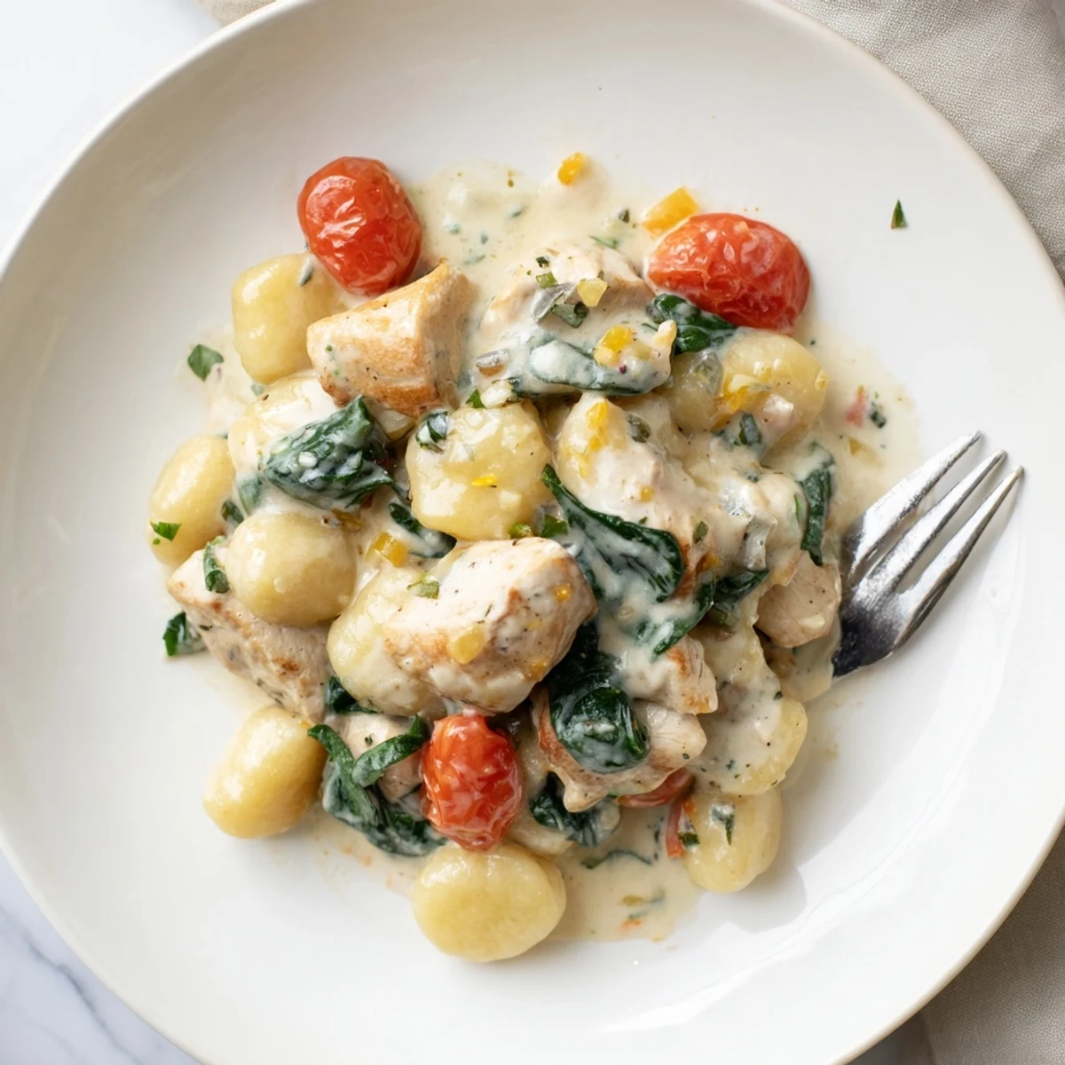 Golden seared chicken and pillowy gnocchi swimming in a velvety herb cream sauce