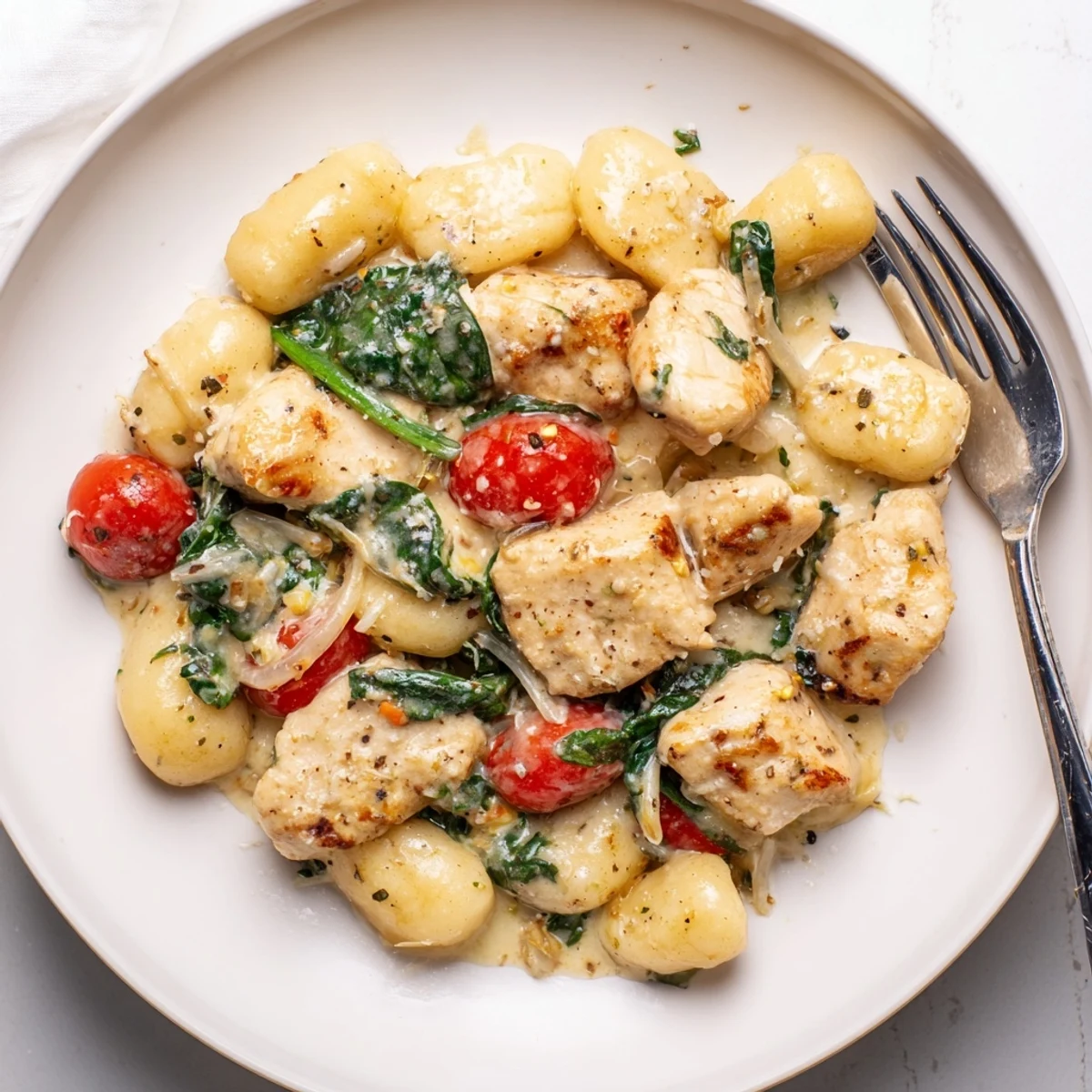 Creamy Herb Chicken Gnocchi Skillet served steaming in a rustic cast iron pan