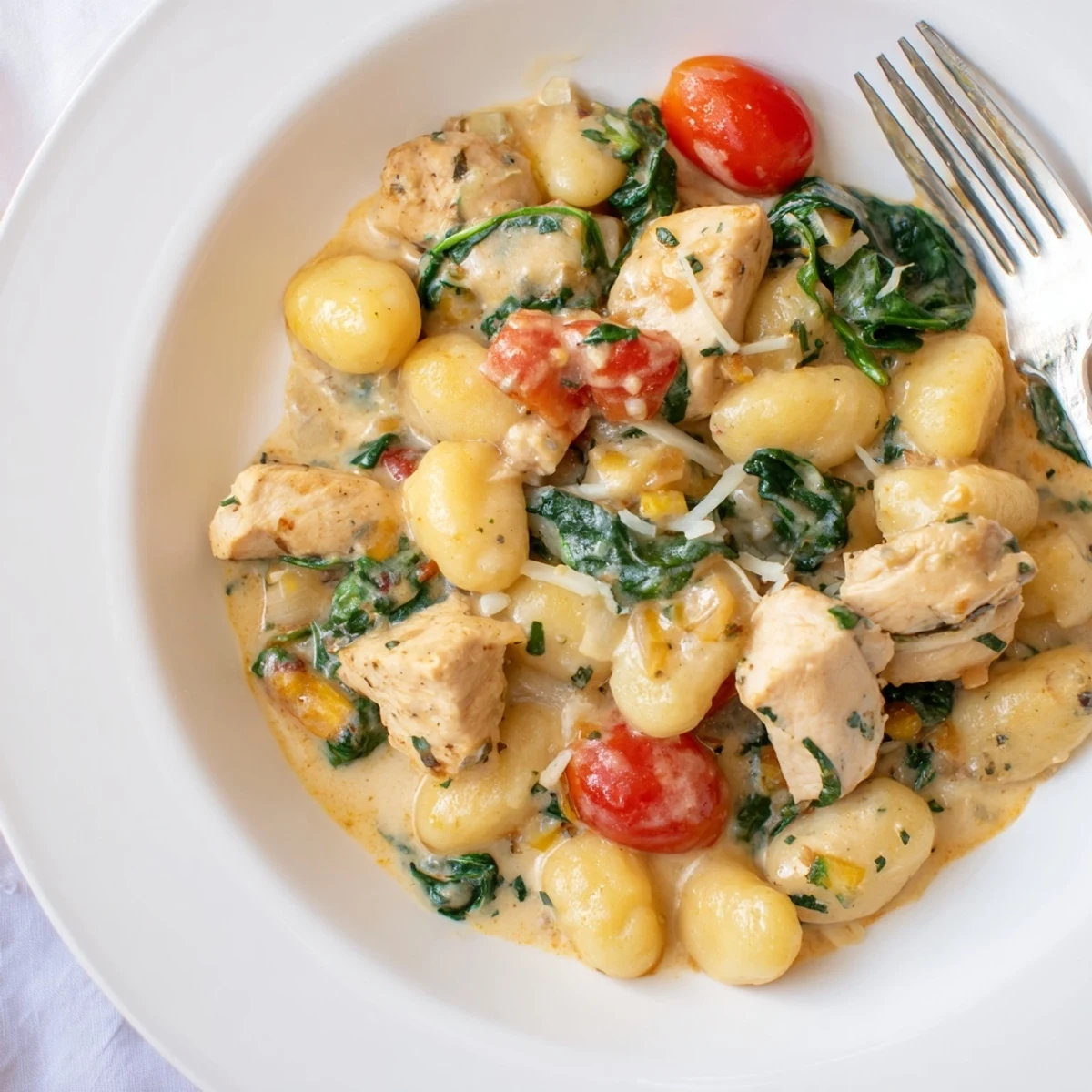Creamy Herb Chicken Gnocchi Skillet topped with fresh parsley and shaved Parmesan