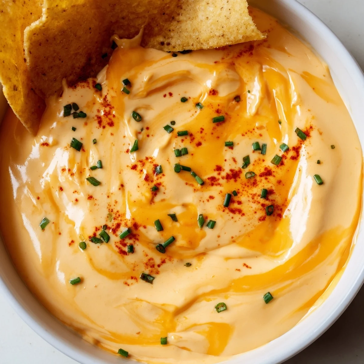 Warm creamy cheese dip in a bowl garnished with fresh green chives