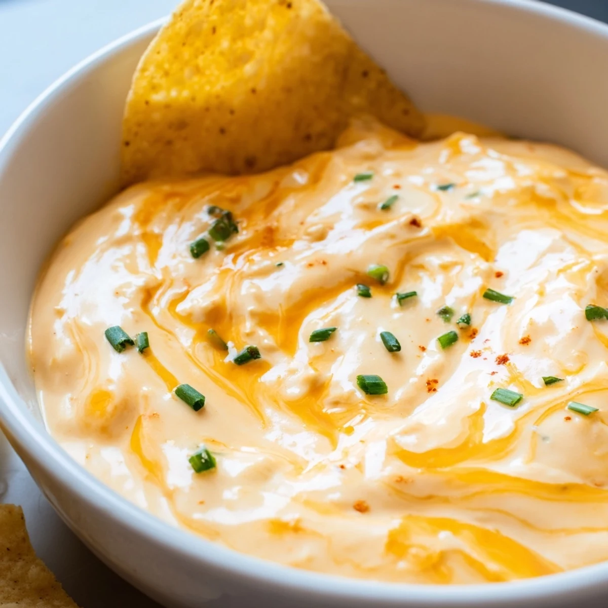 Melted cheddar cheese dip served alongside crispy tortilla chips for dipping