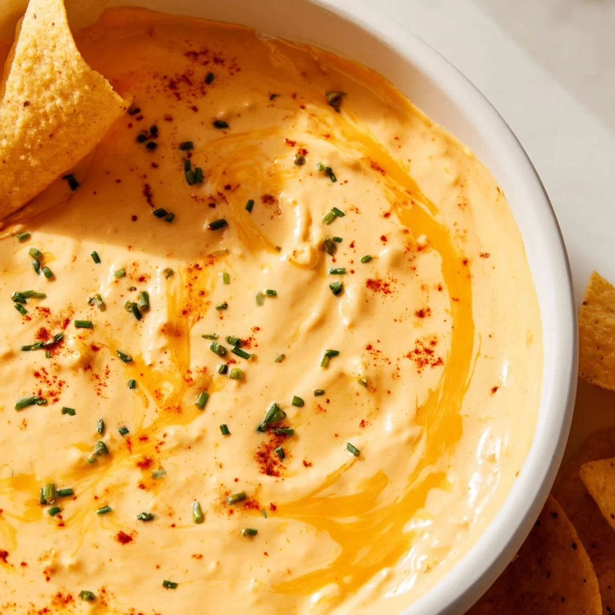 Smooth smoked paprika cheese dip scooped up with crunchy veggie sticks