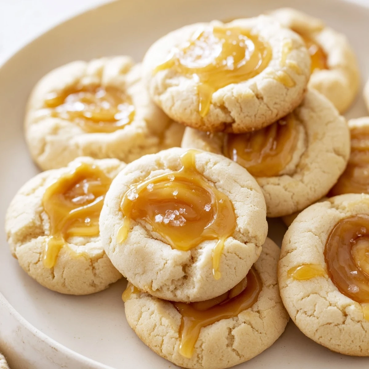Soft caramel cheesecake cookies with golden edges on a rustic parchment-lined baking sheet