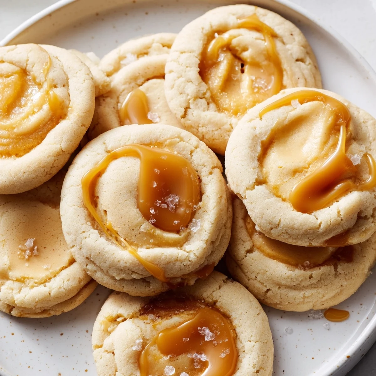 Creamy caramel cheesecake cookies swirled with rich gooey caramel drizzle close-up view