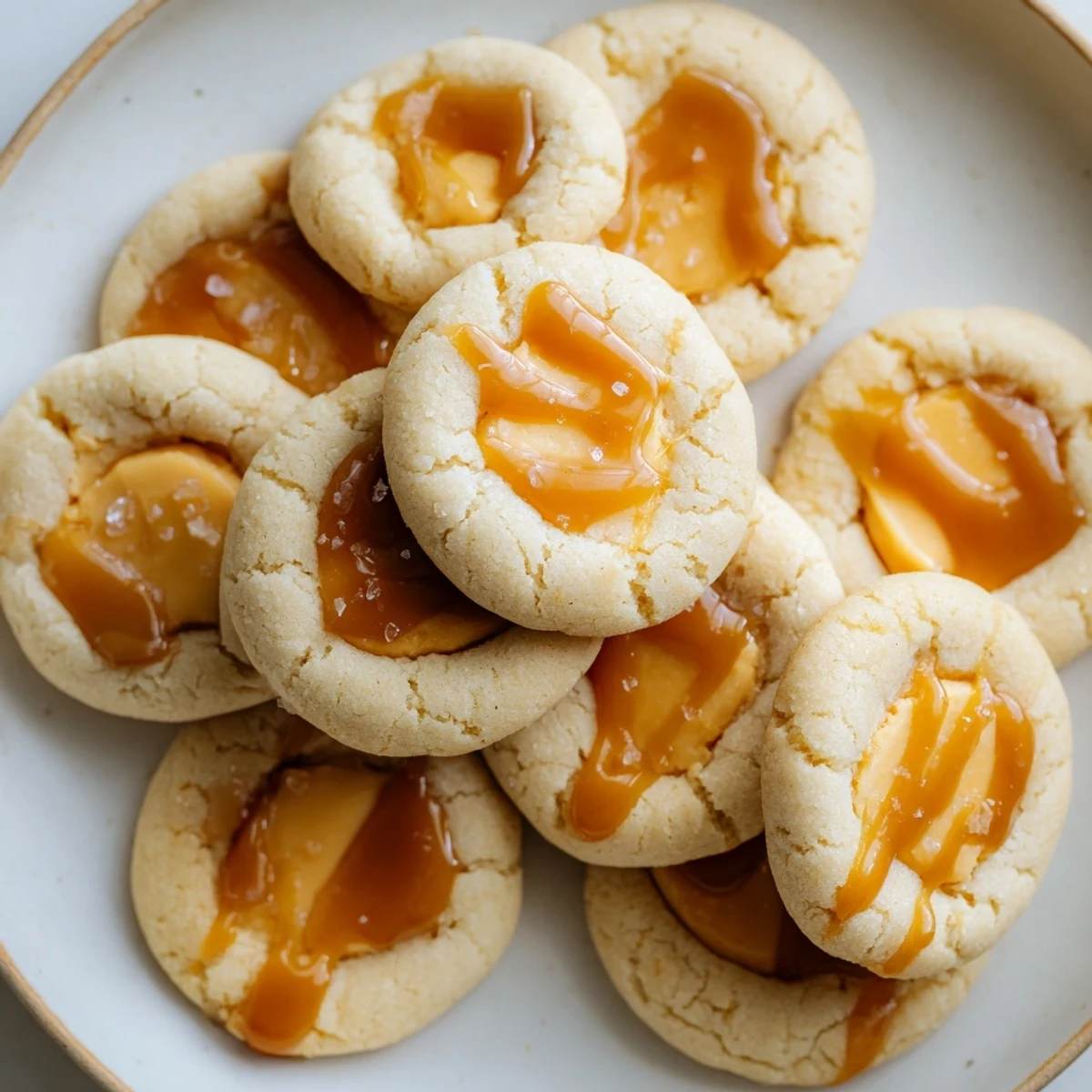 Warm caramel cheesecake cookies arranged on a white plate with caramel sauce dripping