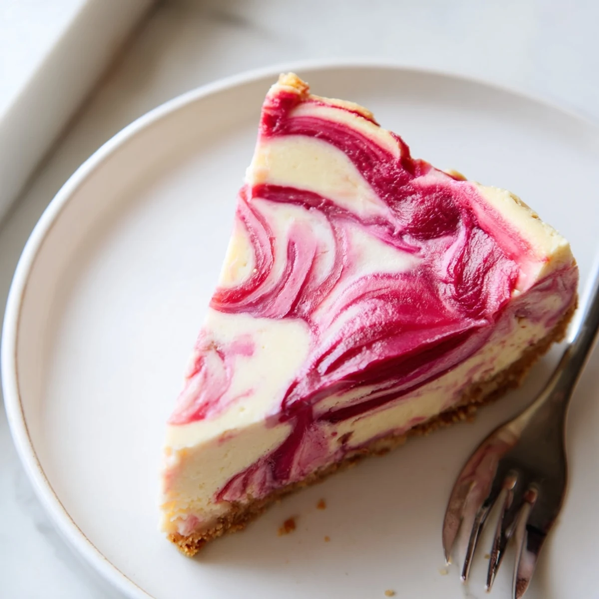 Tangy rhubarb compote ribbons threaded through a thick slice of keto rhubarb cheesecake