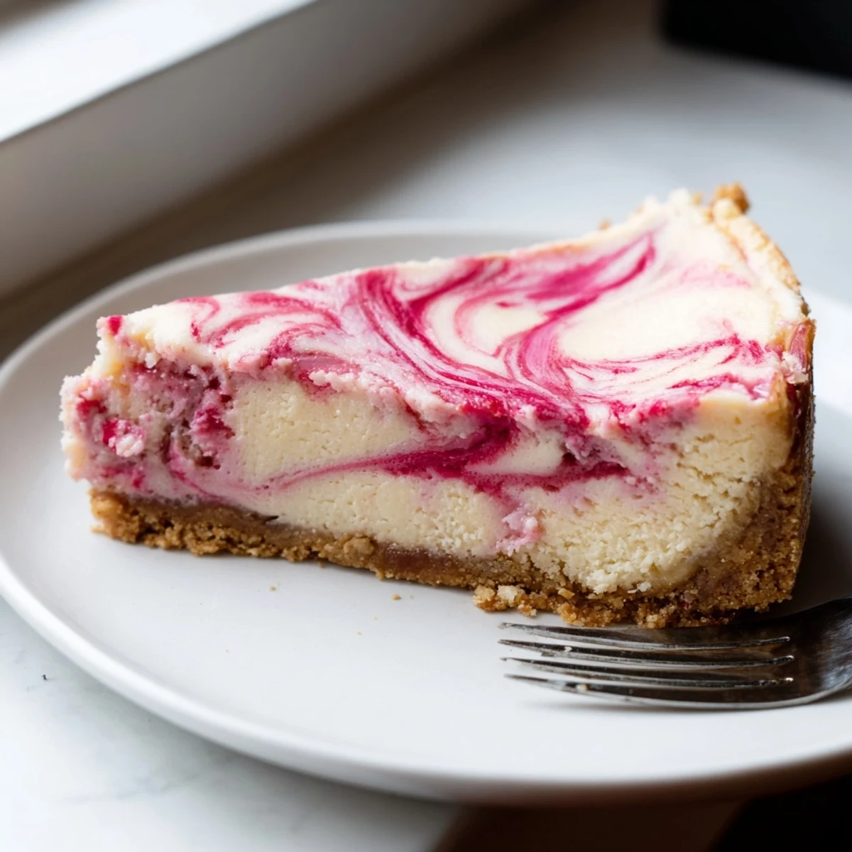 Creamy keto rhubarb cheesecake with vibrant pink swirls on a golden almond crust