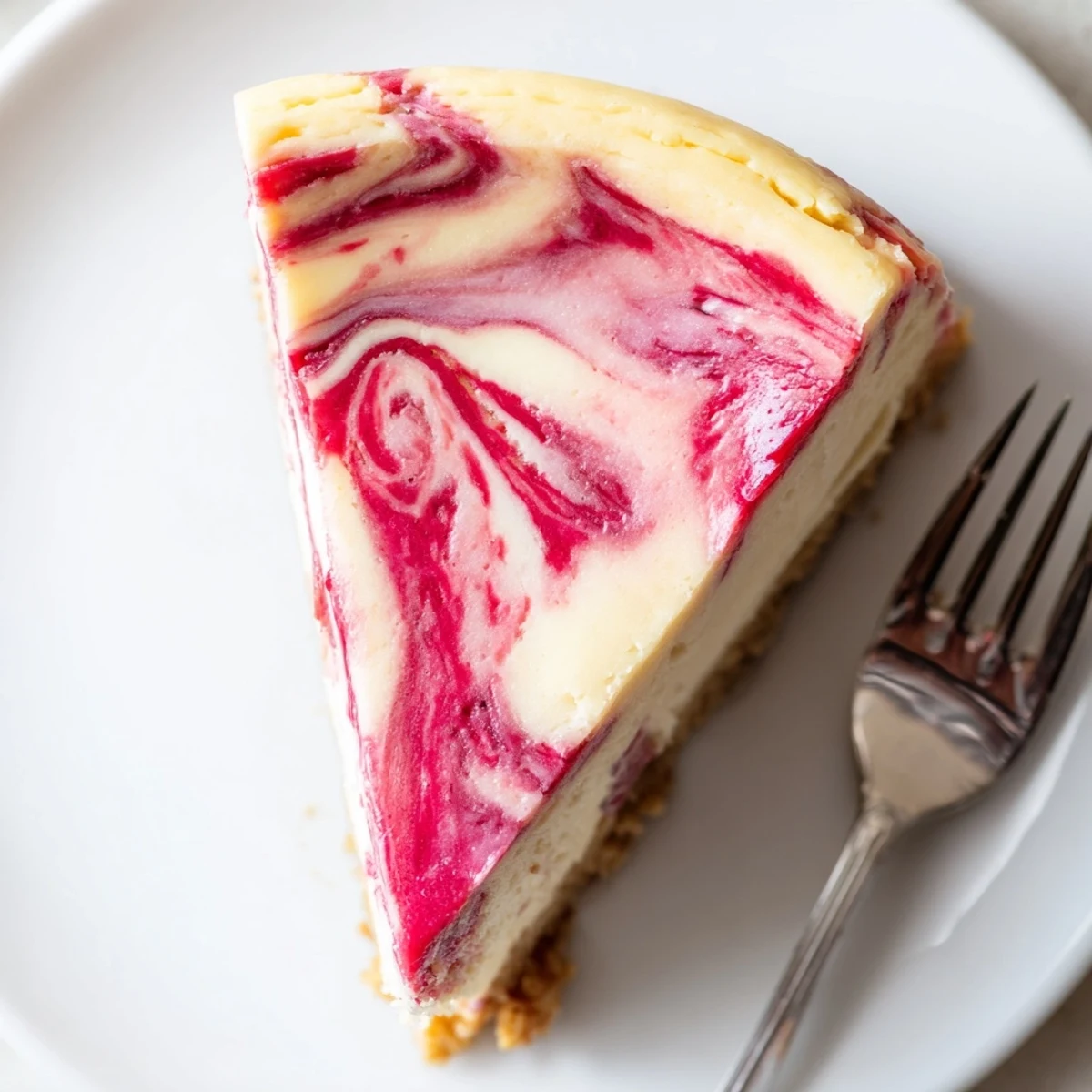 Smooth low-carb cheesecake topped with glossy ruby-red rhubarb sauce, served on a white plate