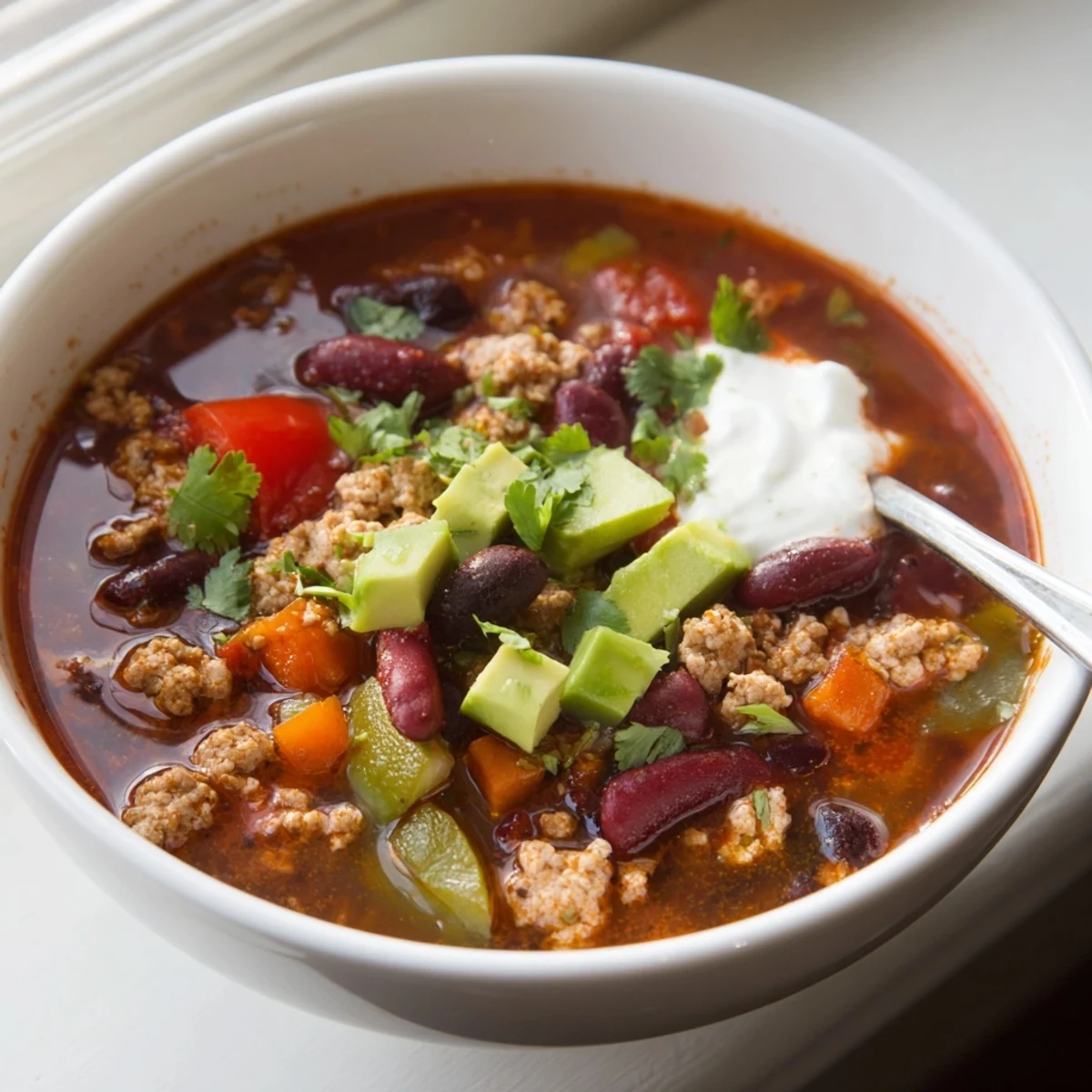 Diabetic chili recipe served steaming in a rustic bowl with fresh cilantro and avocado slices