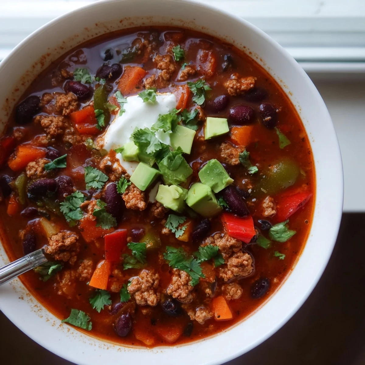 Hearty diabetic chili recipe topped with Greek yogurt and diced avocado in a white mug