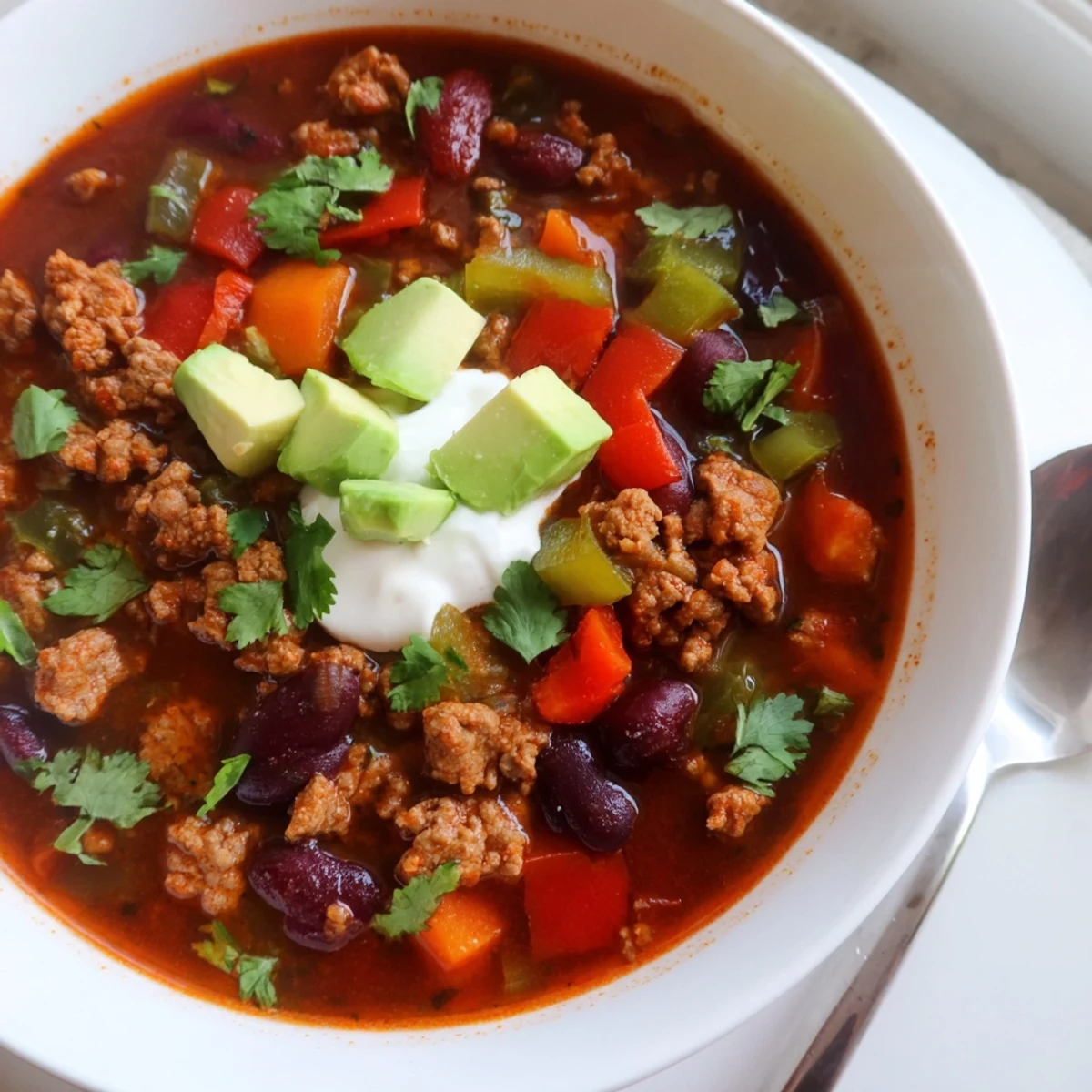 Thick diabetic chili recipe simmered with red kidney beans and colorful bell peppers in a cast-iron pot