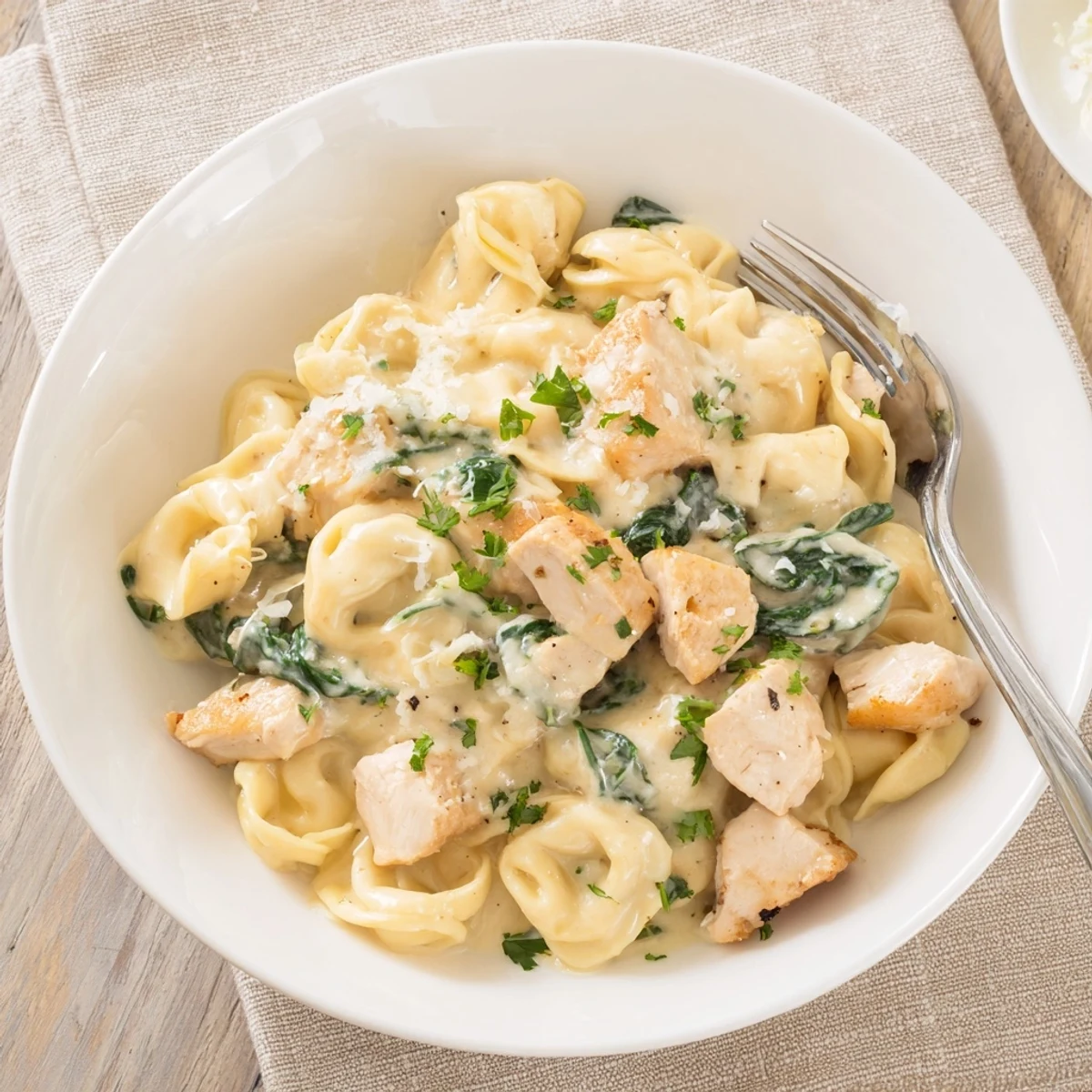 Creamy garlic chicken tortellini with spinach served in a rustic white bowl