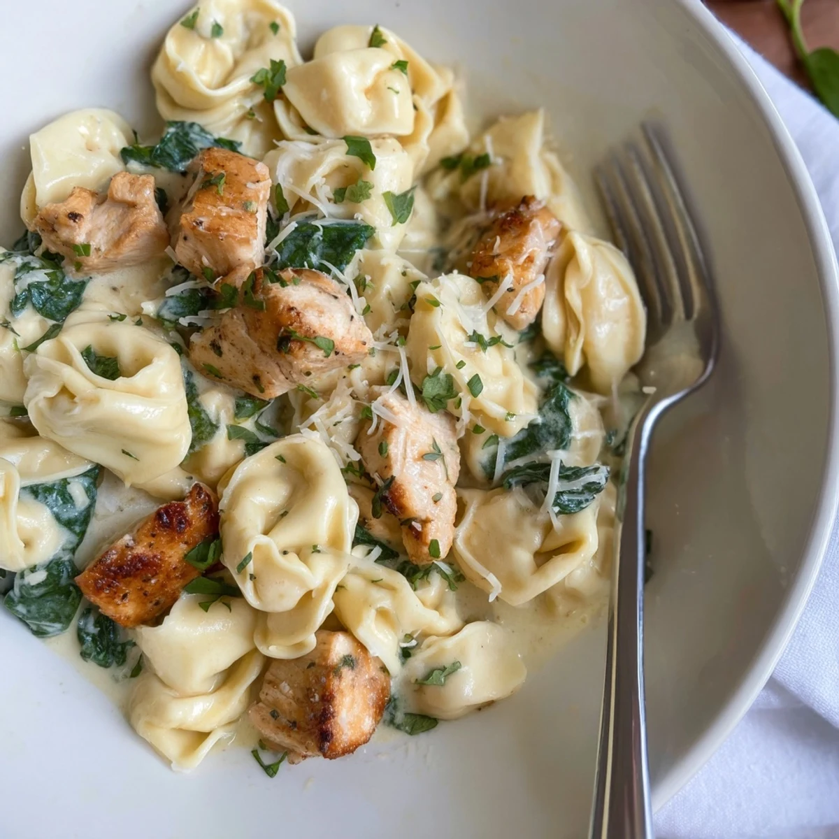 Golden seared chicken and cheese tortellini coated in a silky garlic cream sauce