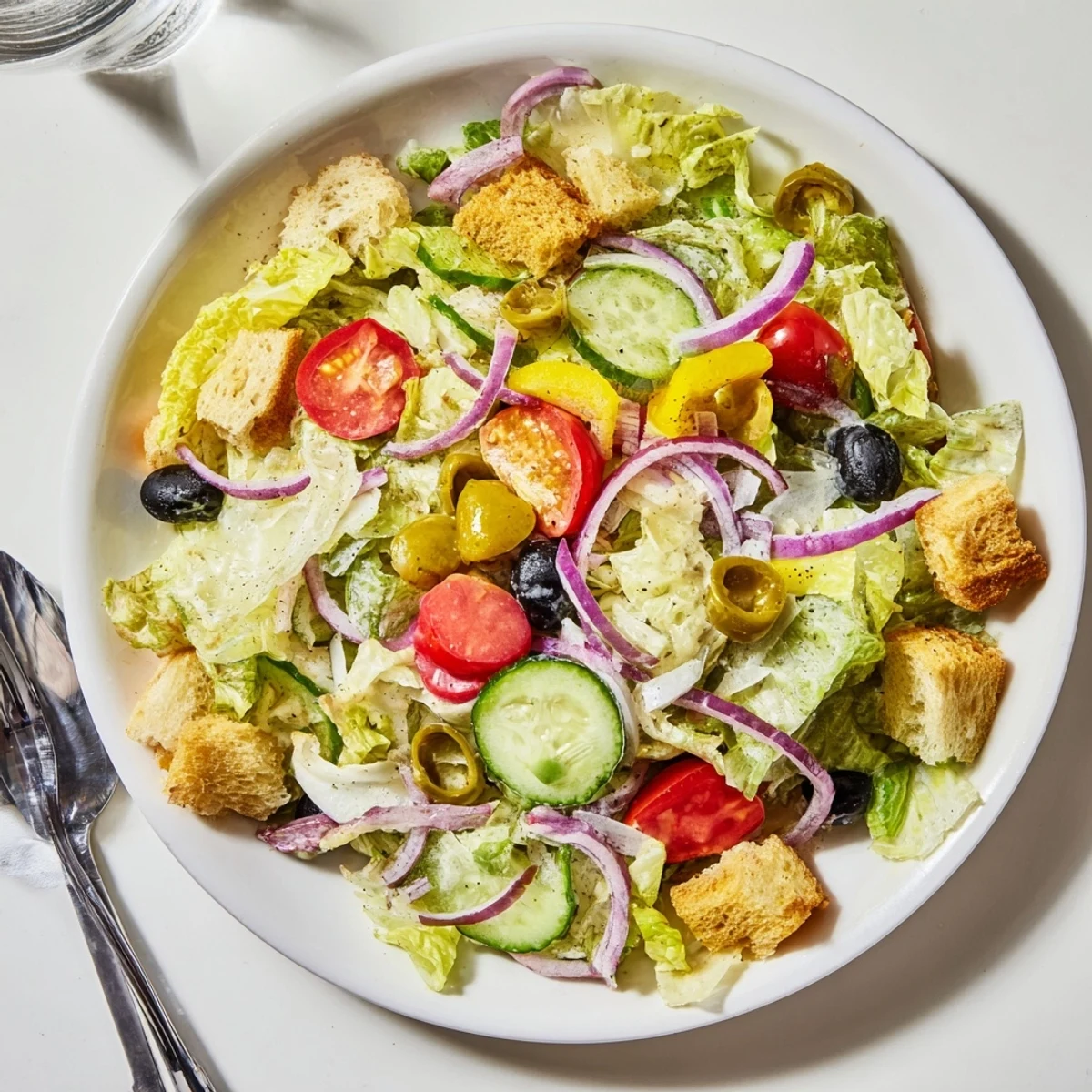 Crisp Olive Garden Salad tossed in creamy Italian dressing with crunchy croutons and Parmesan.