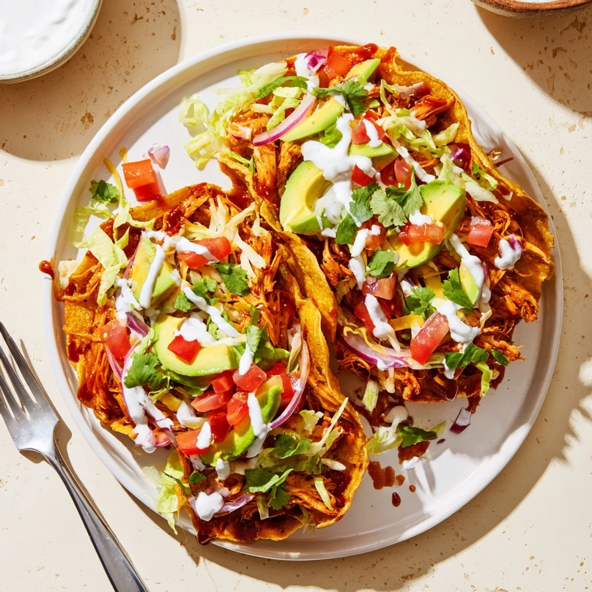 Crispy sweet smoky BBQ chicken tostadas piled high with fresh lettuce, tomato, and creamy avocado slices