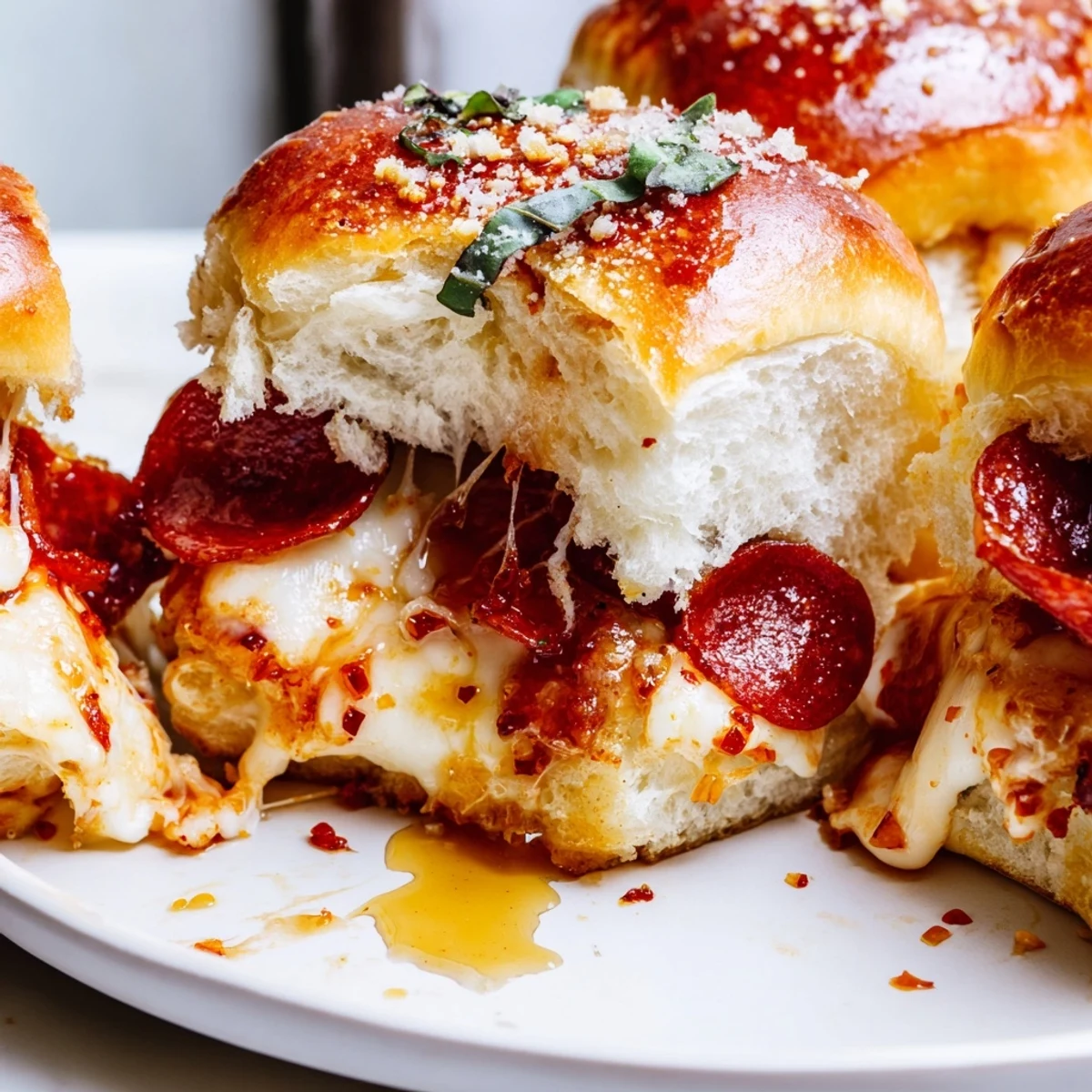 Golden baked hot honey pepperoni pizza sliders with gooey melted mozzarella and spicy pepperoni