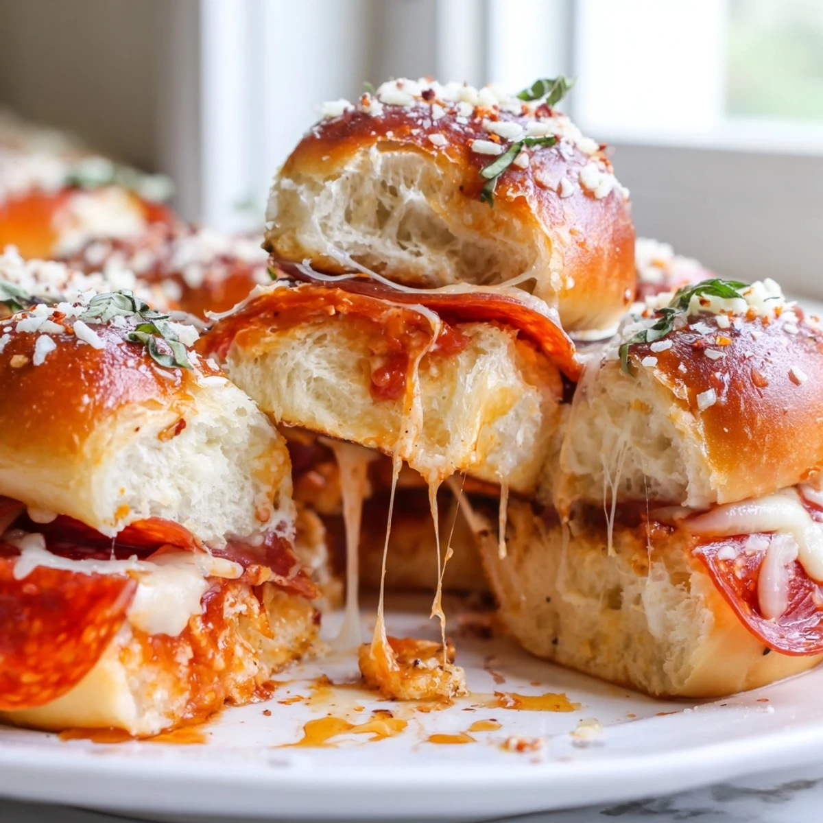 Crispy topped hot honey pepperoni pizza sliders oozing with cheese and sweet honey glaze