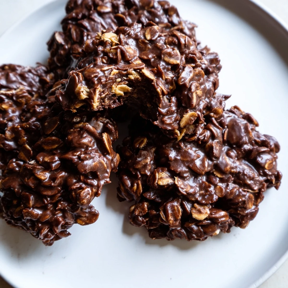 Fudgy chocolate oatmeal no bake cookies piled on a rustic parchment-lined baking sheet