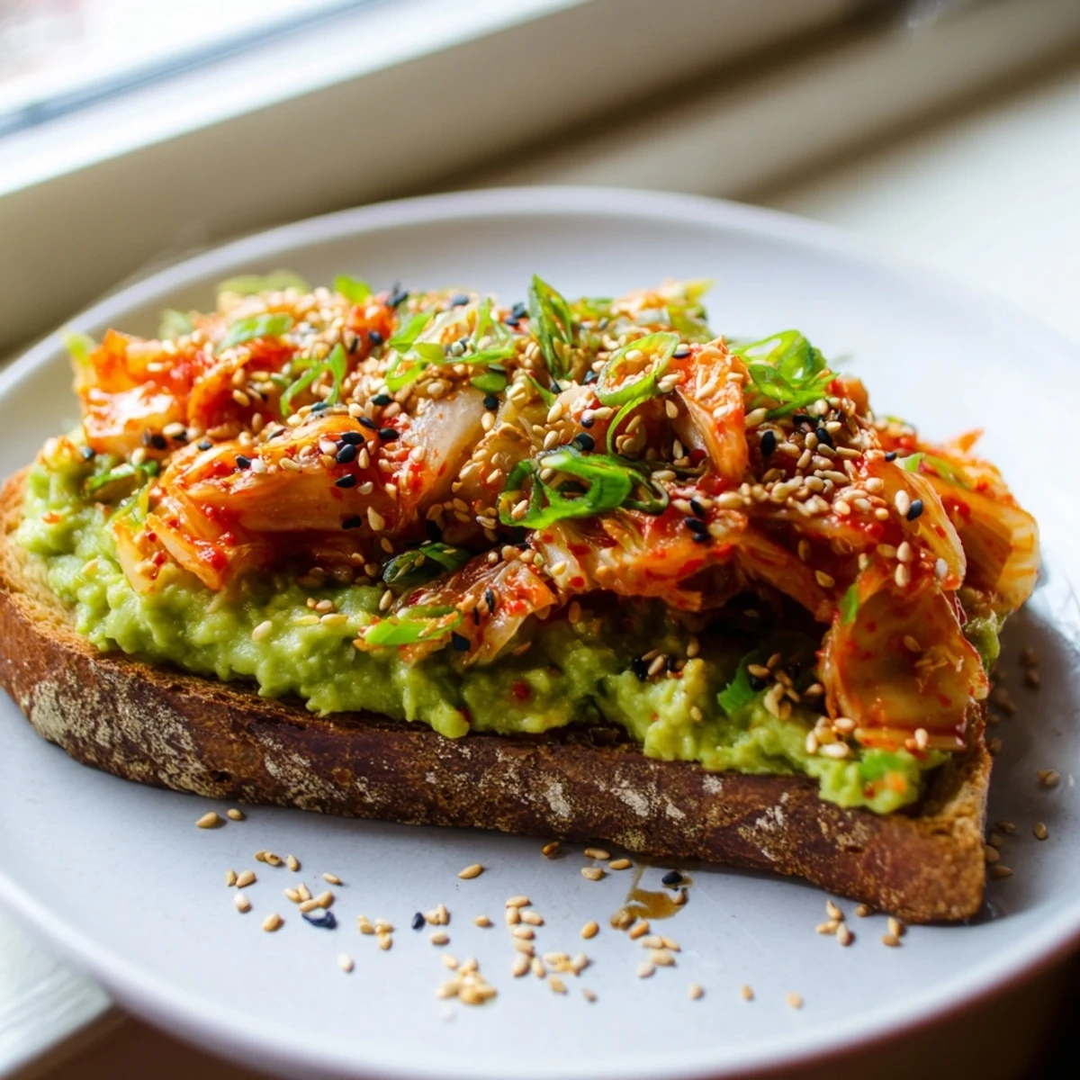 Creamy avocado and spicy kimchi piled on golden sourdough toast with sesame seeds