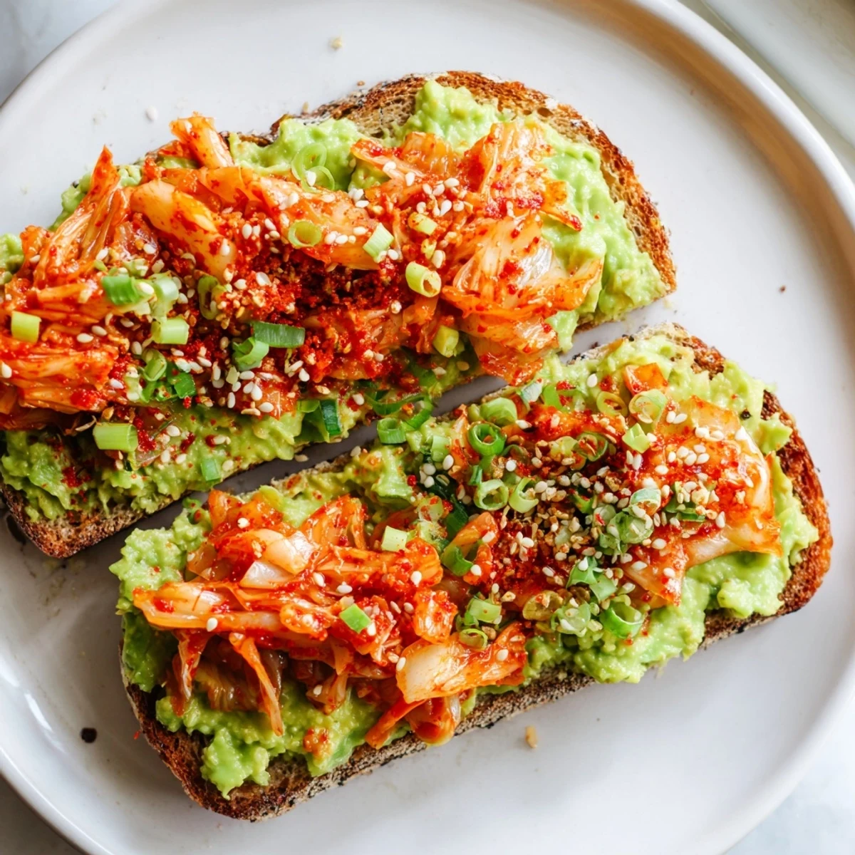 Rustic toasted bread layered with mashed avocado and vibrant red Korean kimchi