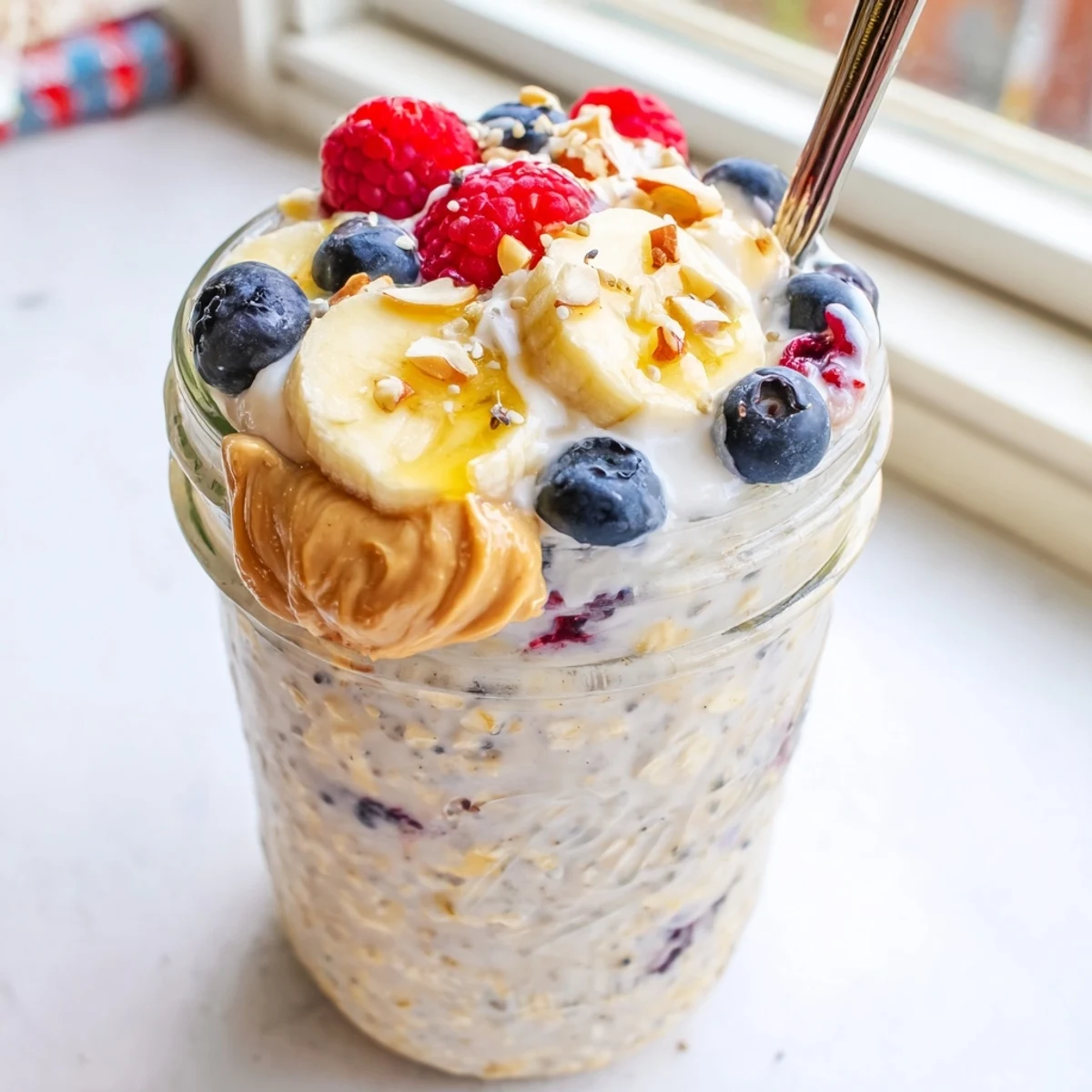 Creamy protein overnight oats topped with fresh berries in a glass jar