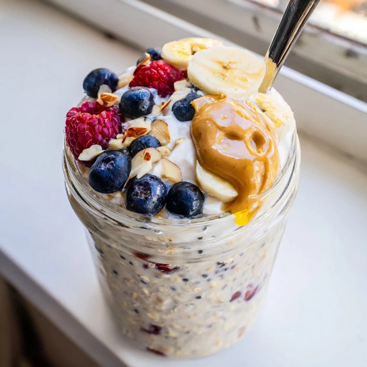 Smooth protein overnight oats served cold with a drizzle of almond butter