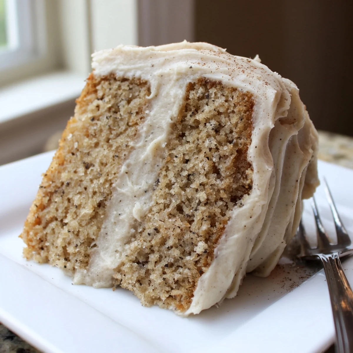 Golden brown butter banana cake slice with thick cream cheese frosting on a rustic plate