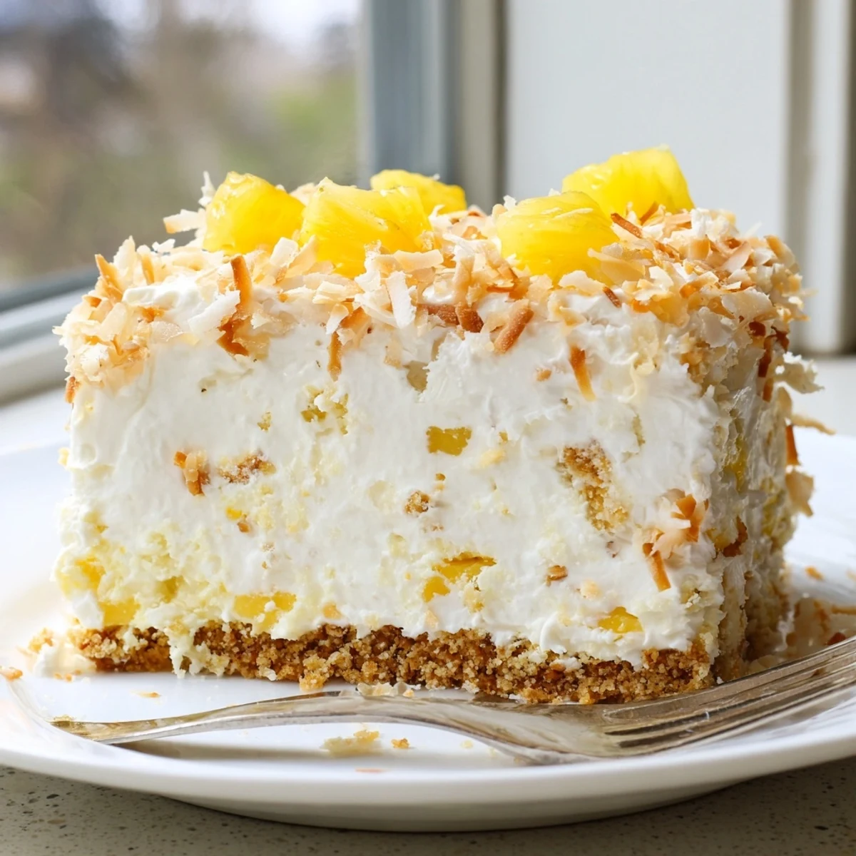 Creamy No Bake Pineapple Coconut Cream Cake slice topped with golden toasted coconut flakes