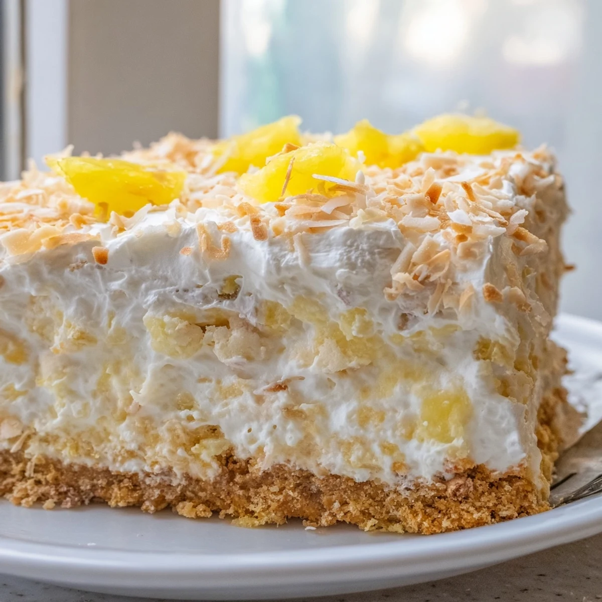 Tropical No Bake Pineapple Coconut Cream Cake served chilled on a white dessert plate