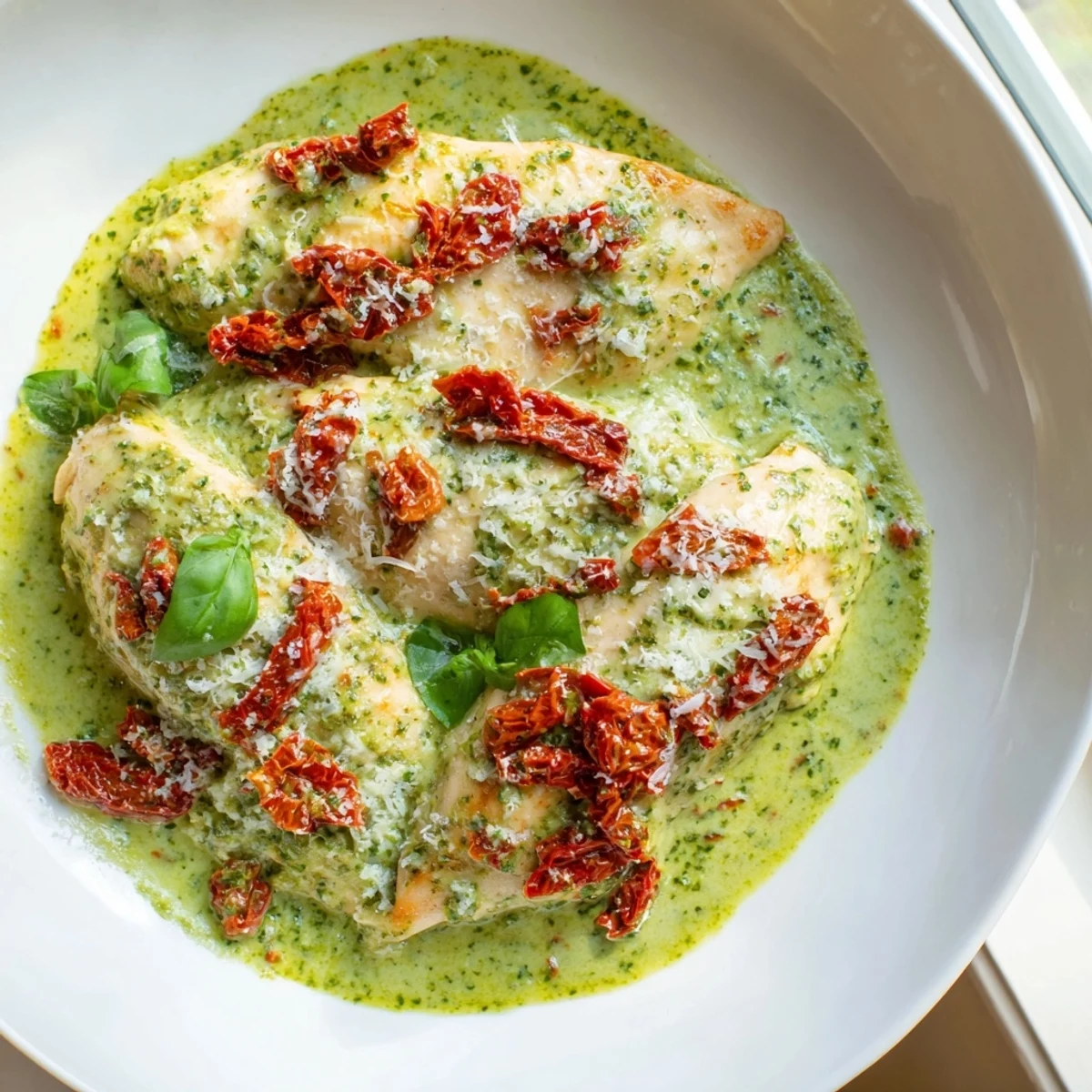 Creamy Marry Me Chicken Pesto in a golden skillet with sun-dried tomatoes and fresh basil