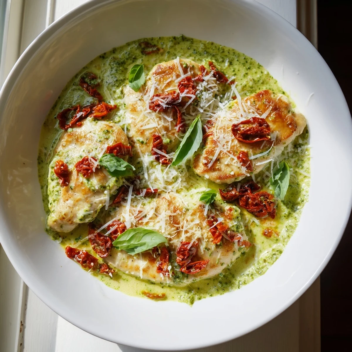 Juicy seared chicken breasts smothered in rich Marry Me Chicken Pesto sauce with Parmesan