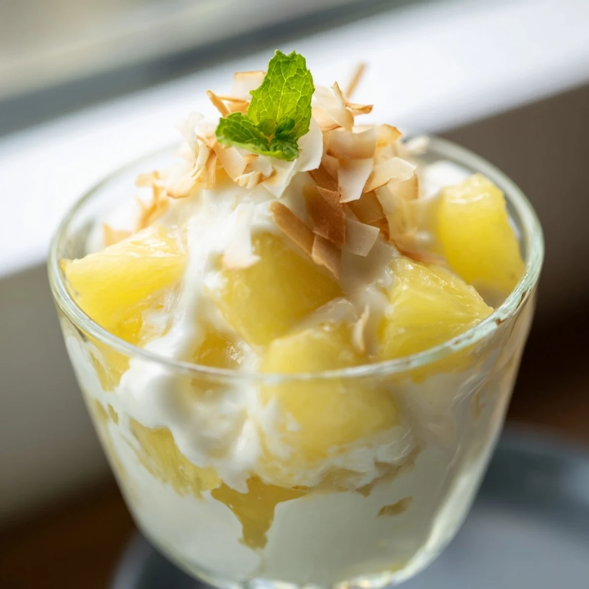 Creamy mini pineapple condensed coconut milk desserts topped with toasted flakes and fresh mint