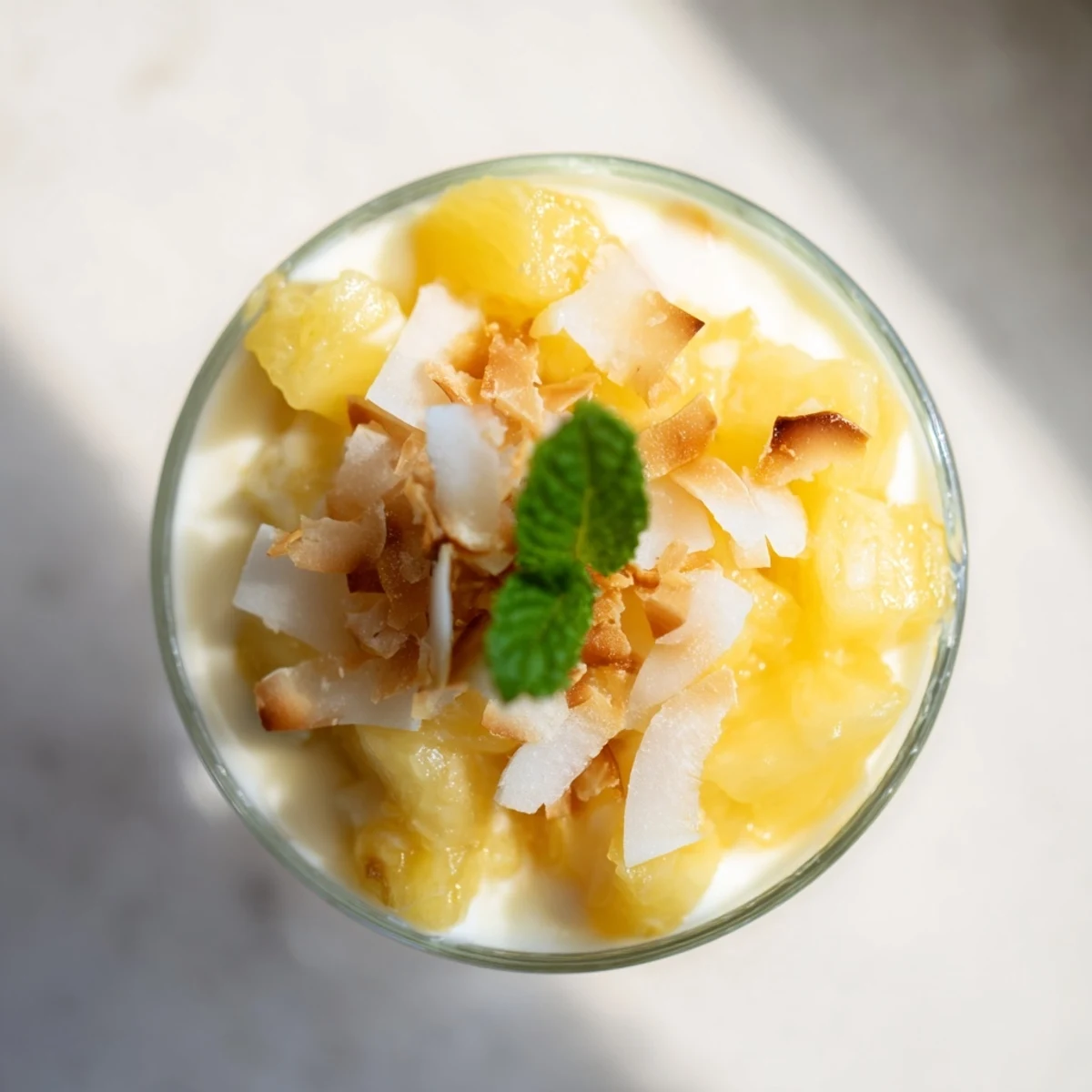 Golden pineapple chunks swimming in sweet condensed coconut milk served in elegant mini portions