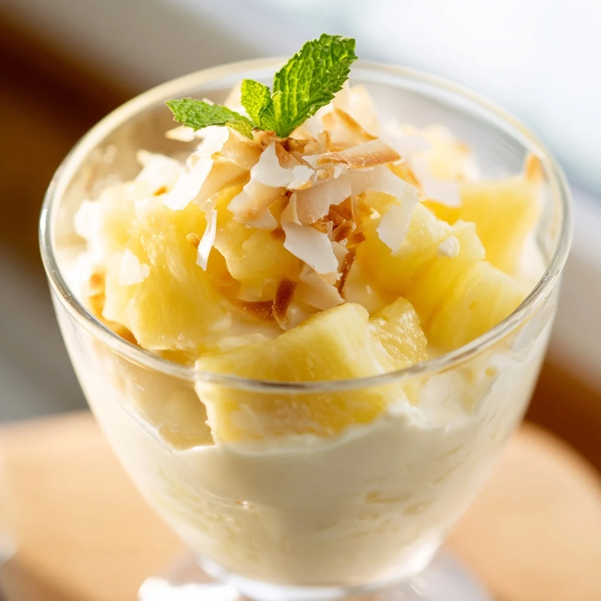 Mini pineapple condensed coconut milk cups layered with juicy fruit and rich coconut cream