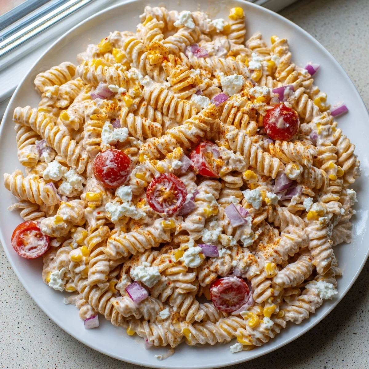 Smoky grilled corn and colorful vegetables tossed in a zesty elote street corn pasta salad